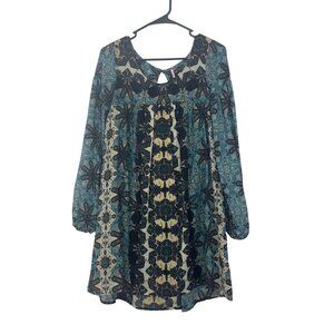 Free People Women SZ XS Boho Long Sleeve Printed Tunic Dress In Blue & Cream